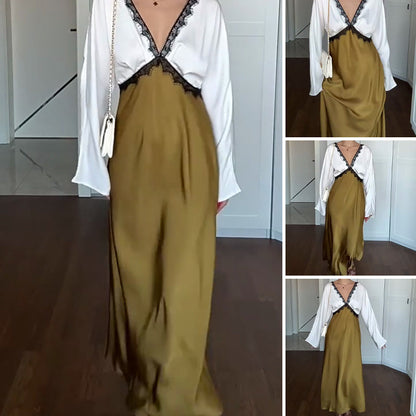 🎅🎁Weihnachtsangebot – 50 % Rabatt⏳Elegantes Damen-Langarmkleid mit Spitze und Patchwork🚀Versandkostenfrei