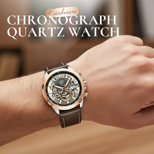 Herrenarmbanduhr mit sichtbarem Zahnradantrieb, Dreifach-Zifferblatt und sechs Zeigern